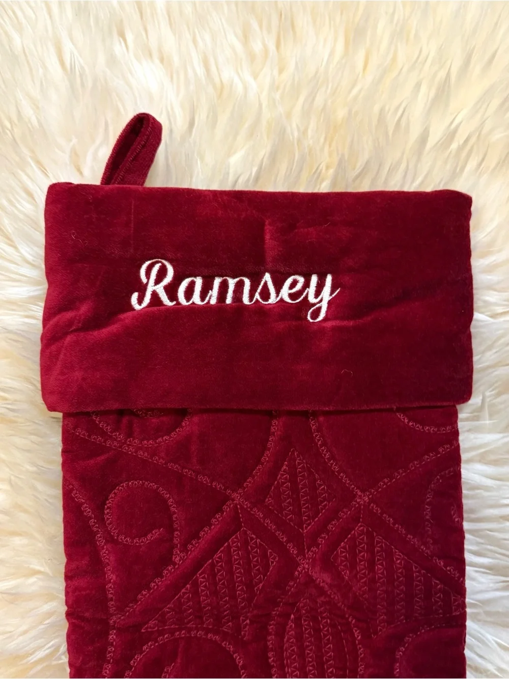 Pottery Barn Personalized Quilted Velvet Christmas Stocking Burgundy “Ramsey”